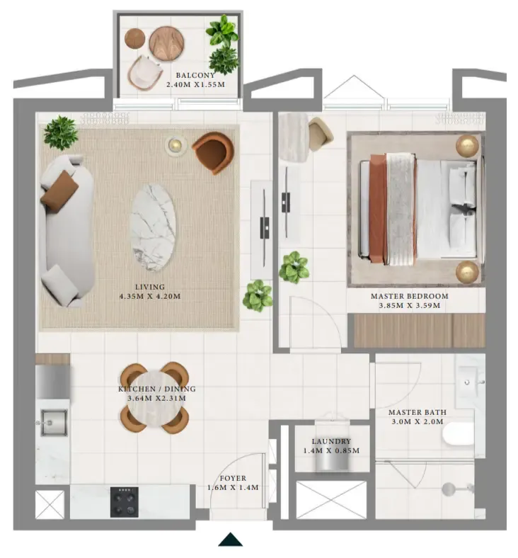 Hillsedge 1 bed floor plan, 709 – 712 sqft