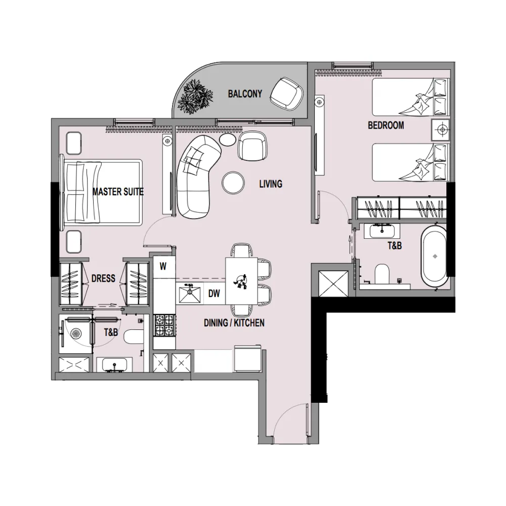 Verso 2 bed floor plan, 828 sqft