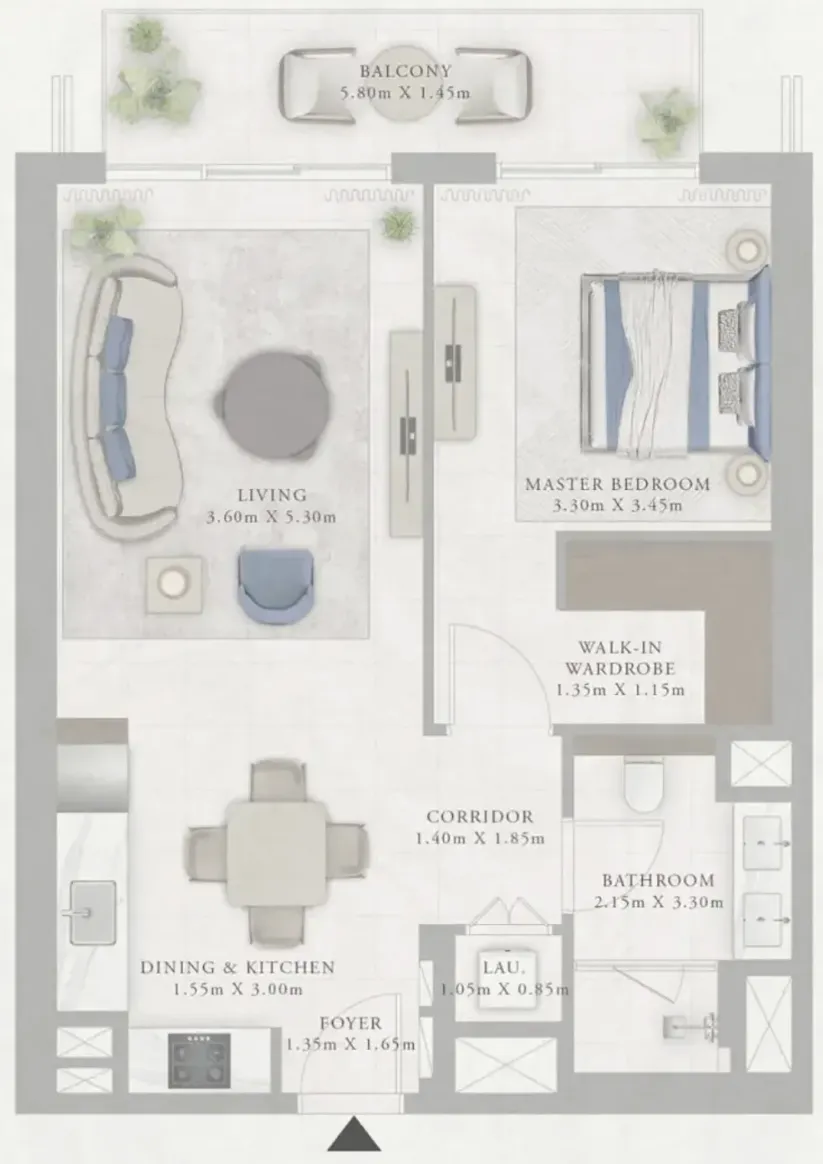 Marina Views 1 bed floor plan, 800 sqft