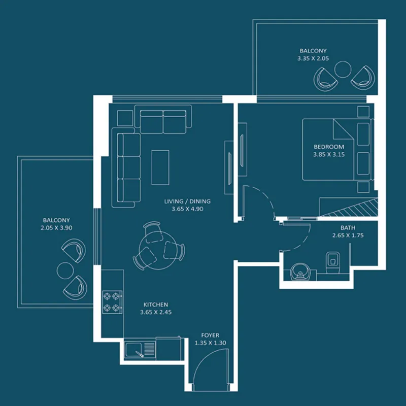 Oasiz 2 1 bed floor plan, 631 sqft