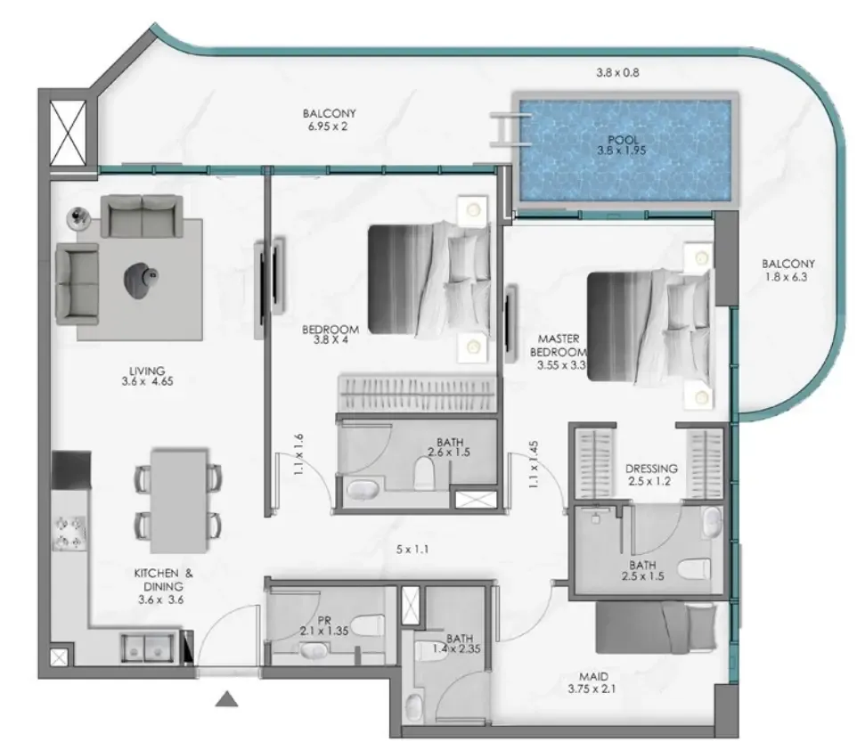 Samana Ocean Bay 2 bed floor plan, 1,433 sqft