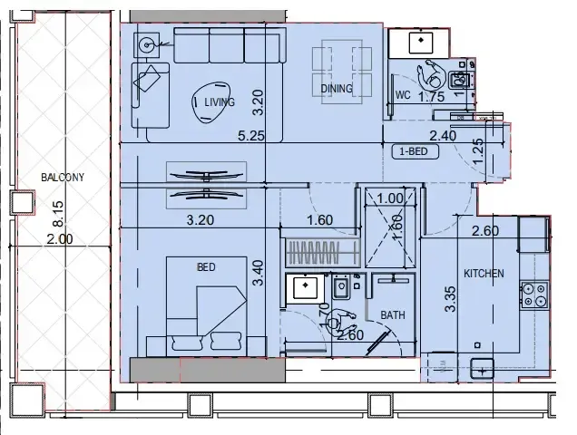 Binghatti Titania 1 bed floor plan, 772 – 795 sqft