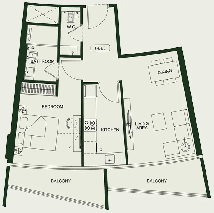 Binghatti HillCrest 1 bed floor plan, 794 – 796 sqft