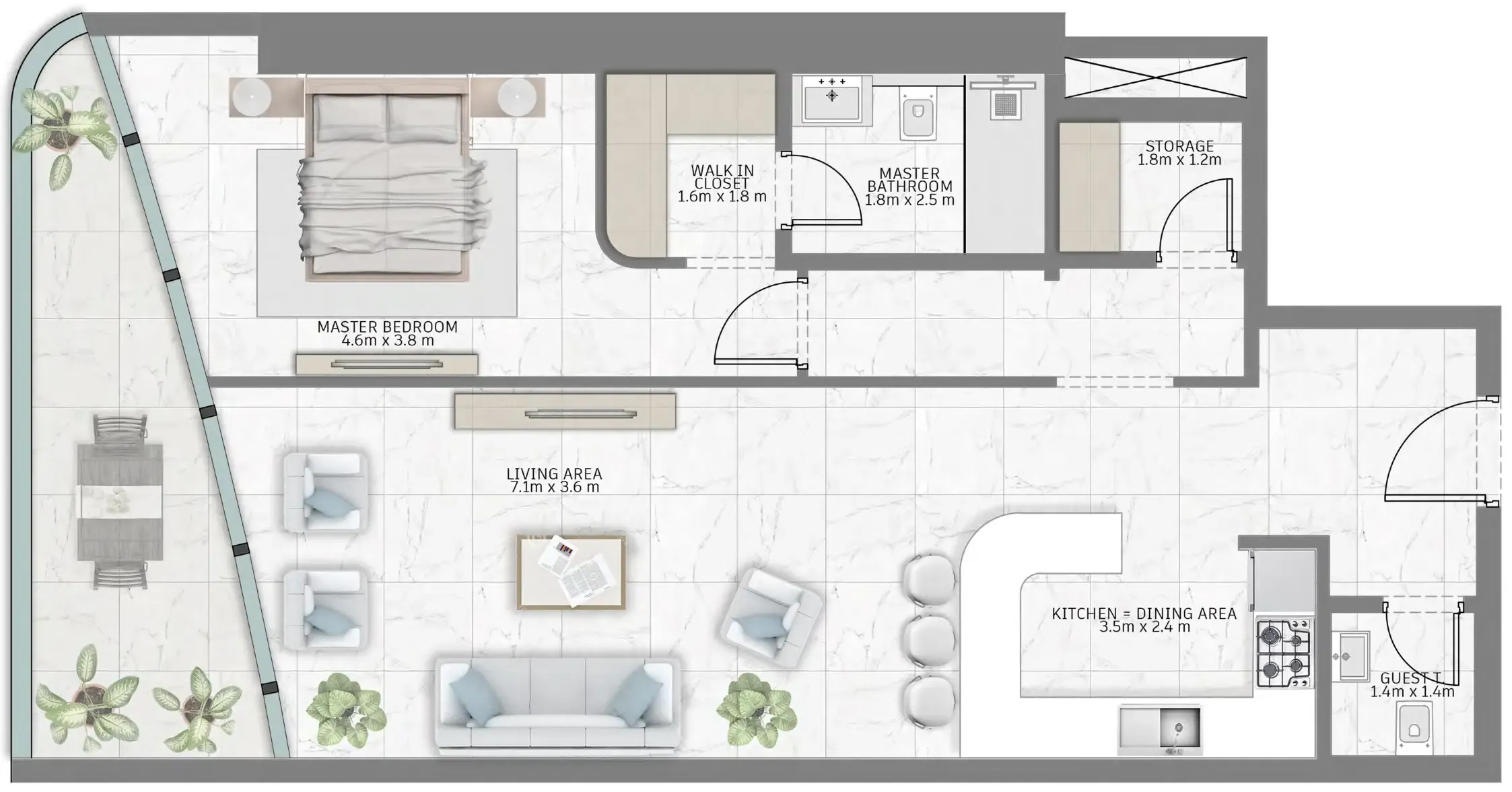Al Habtoor Tower 1 bed floor plan, 1,006 – 1,066 sqft