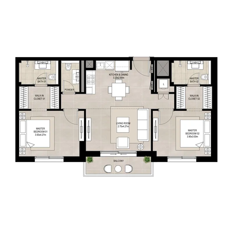 Olbia 2 bed floor plan, 940 – 959 sqft