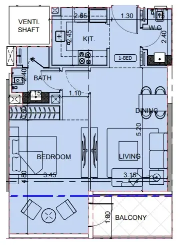 Binghatti Cullinan 1 bed floor plan, 702 sqft