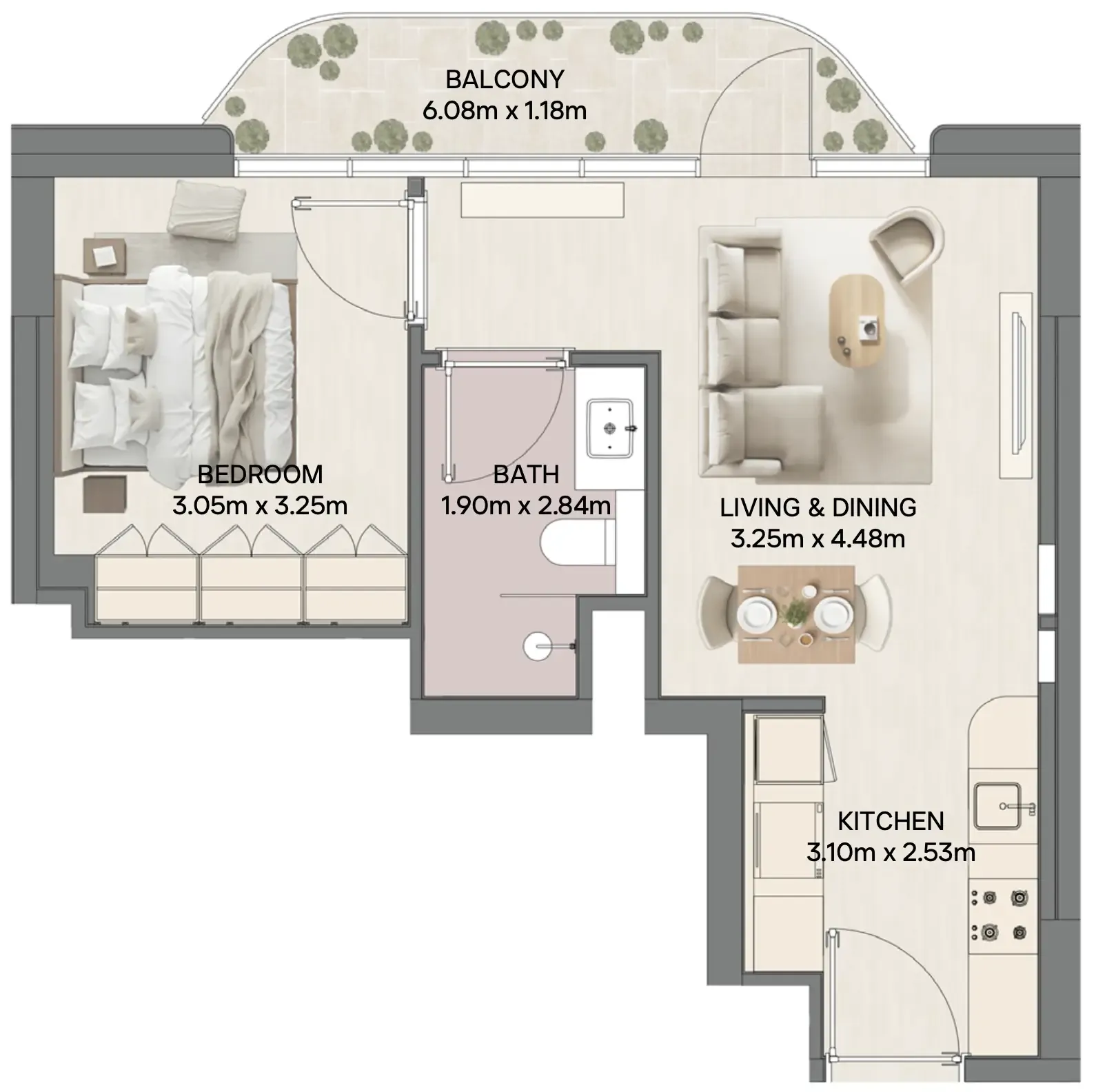 Mirasol II 1 bed floor plan, 584 sqft