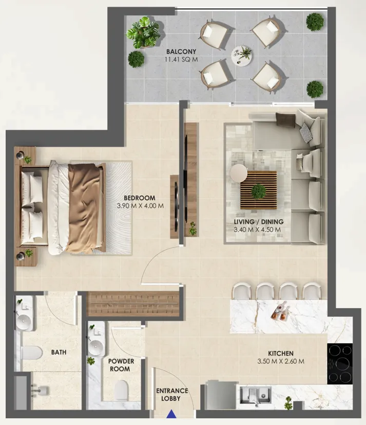 Vivida Residences 1 bed floor plan, 715 sqft