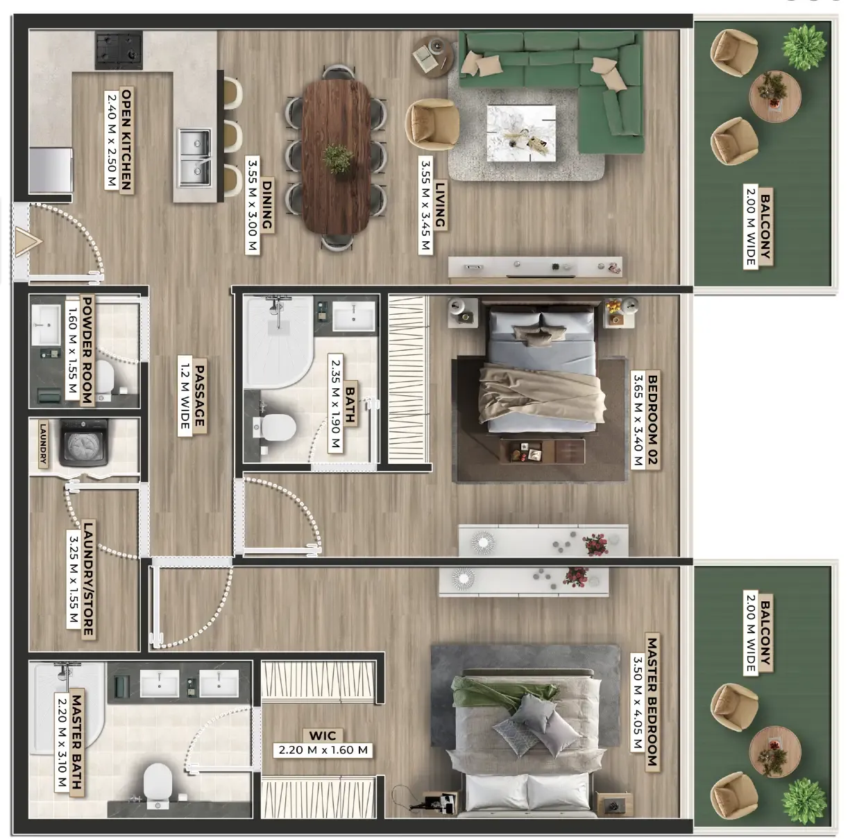 Firoza 2 bed floor plan, 1,267 sqft