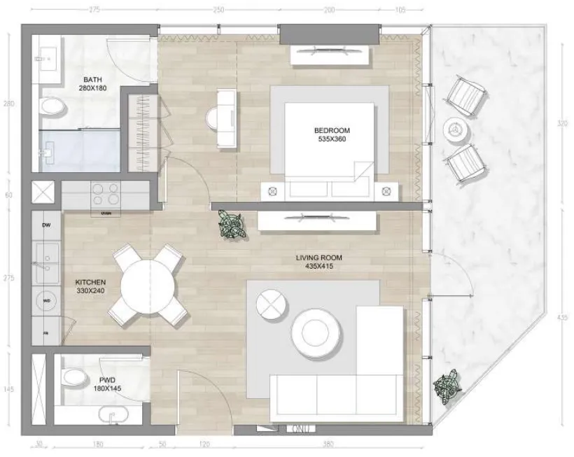 Skai Mina 1 bed floor plan, 836 sqft