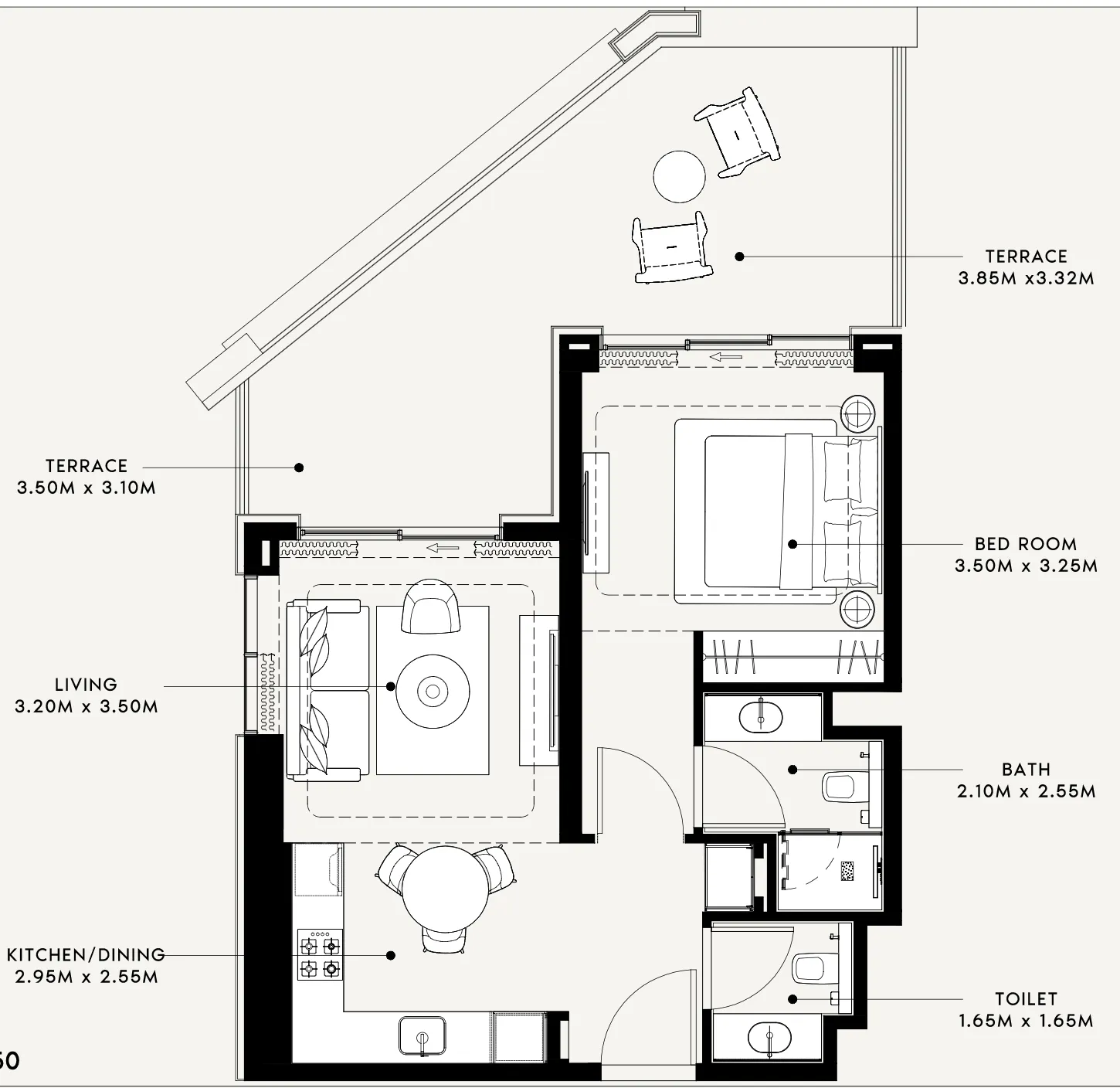 Riviera 60 1 bed floor plan, 849 sqft