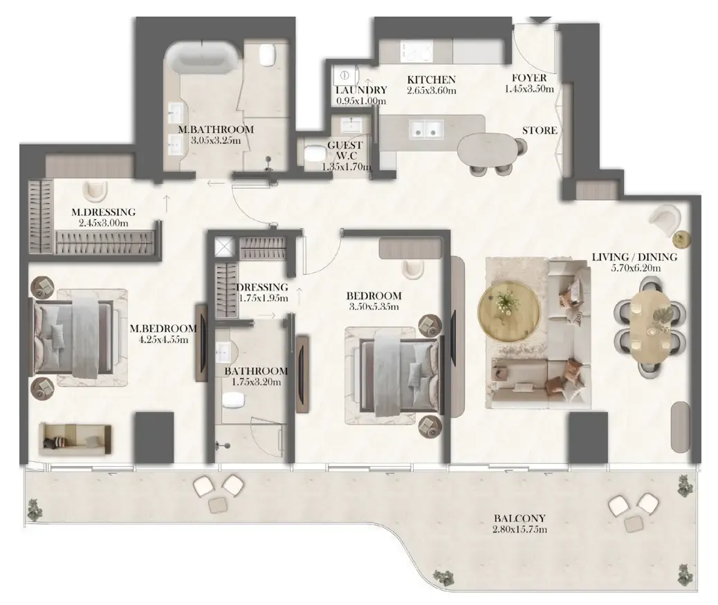 Jumeirah Residences at Al Maryah Island 2 bed floor plan, 1,926 sqft