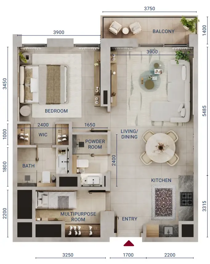 Mirdad 1 bed floor plan, 696 sqft