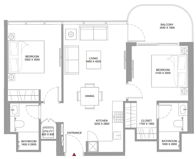 Yachtside Marina Residences 2 bed floor plan, 808 sqft