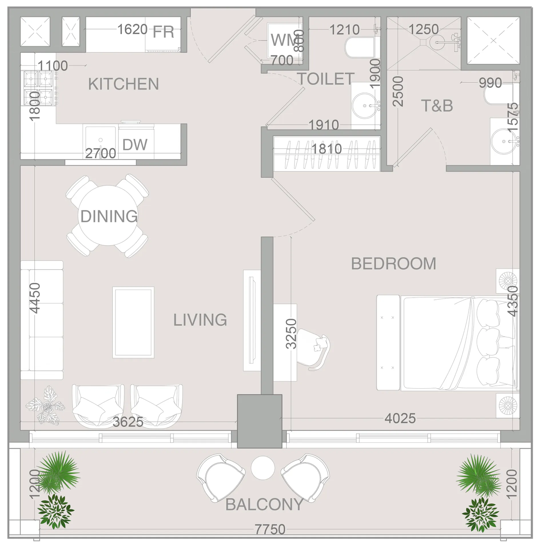 VERDAN1A 4 1 bed floor plan, 784 sqft