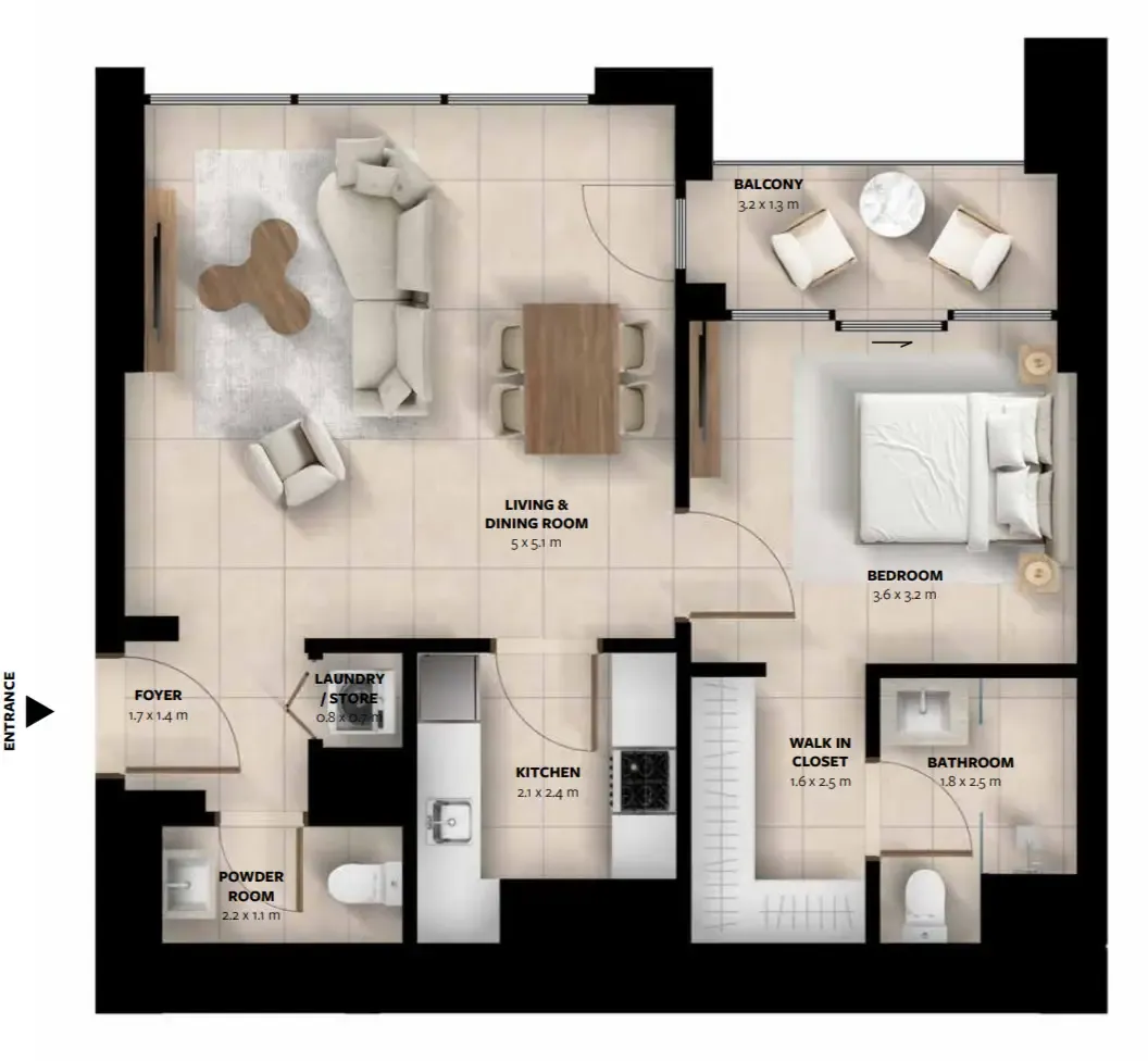 Waada Dubai South 1 bed floor plan, 750 sqft