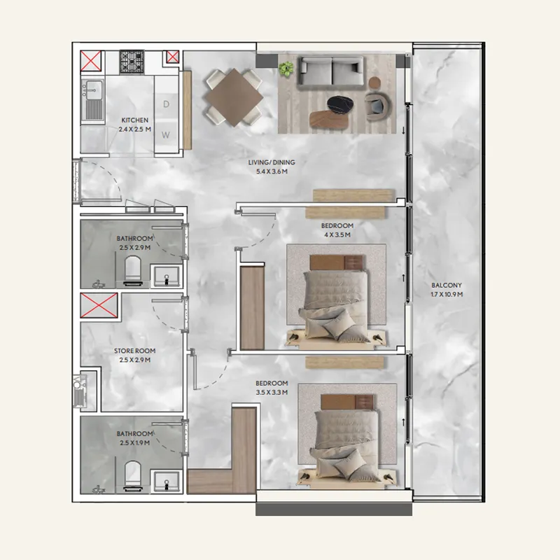 California Residences 2 bed floor plan, 1,154 sqft