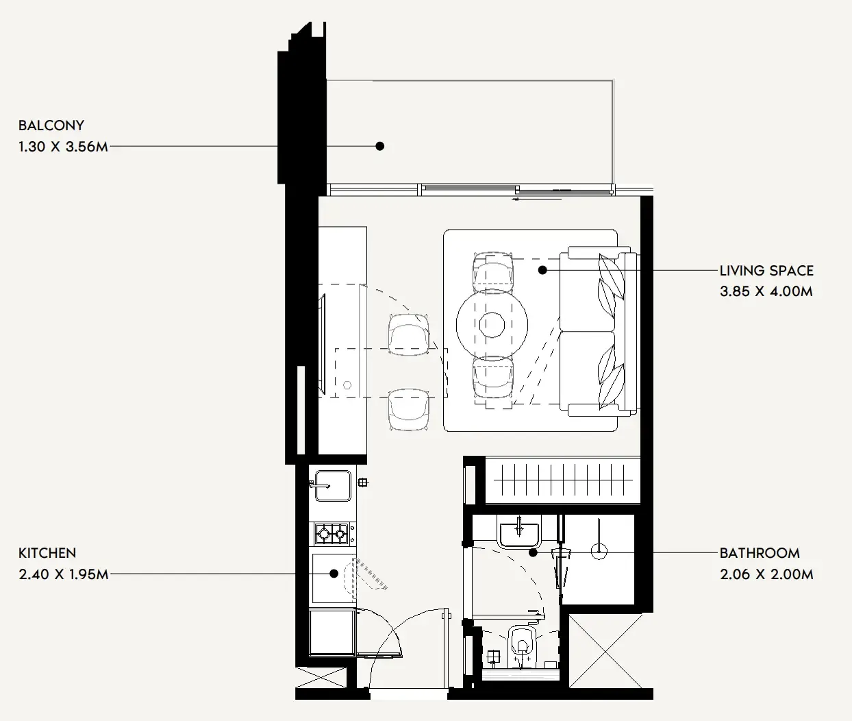 Jaddaf Beach Oasis Studio floor plan, 328 sqft