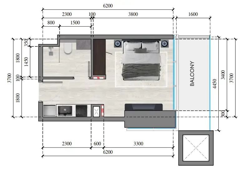 Auresta Tower Studio floor plan, 343 sqft