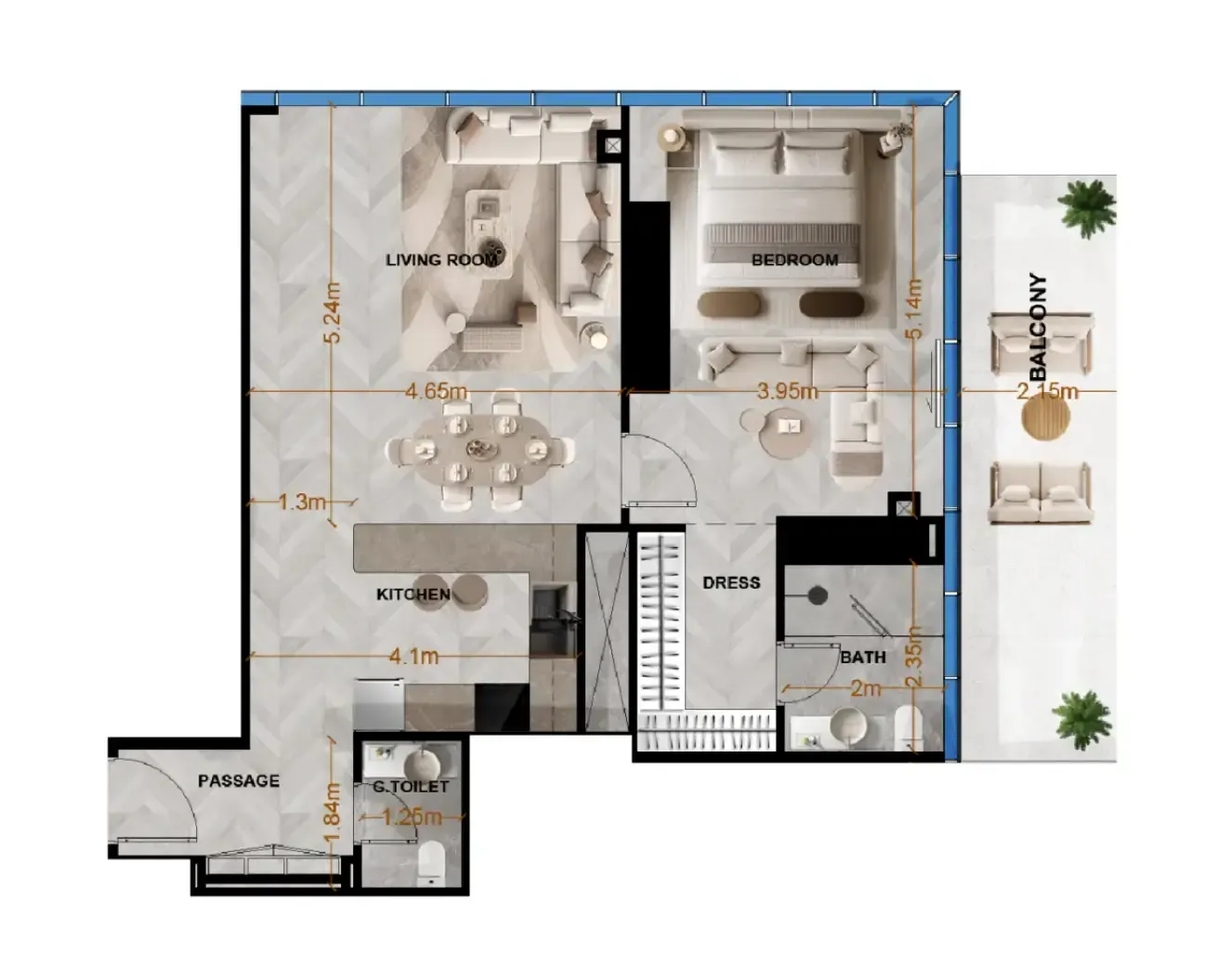 Radiant Terrace 1 bed floor plan, 979 sqft
