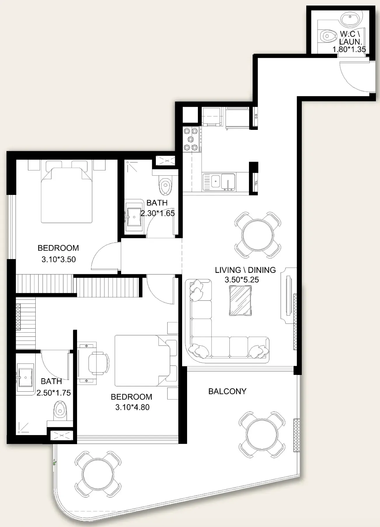 X11 2 bed floor plan, 1,096 sqft