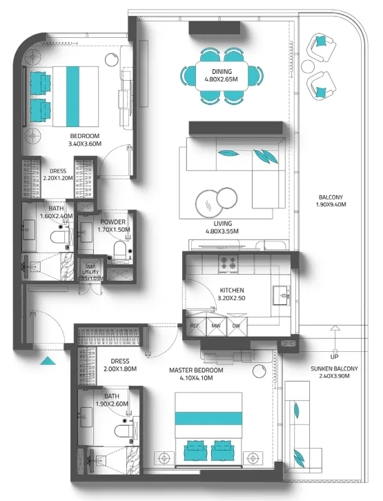 Reef 997 2 bed floor plan, 1,492 sqft