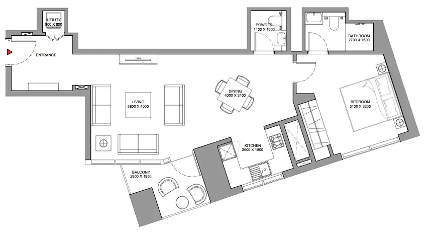 Skyscape 1 bed floor plan, 846 sqft