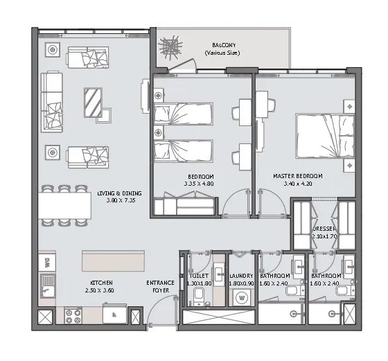 Verdana VI 2 bed floor plan, 1,133 sqft