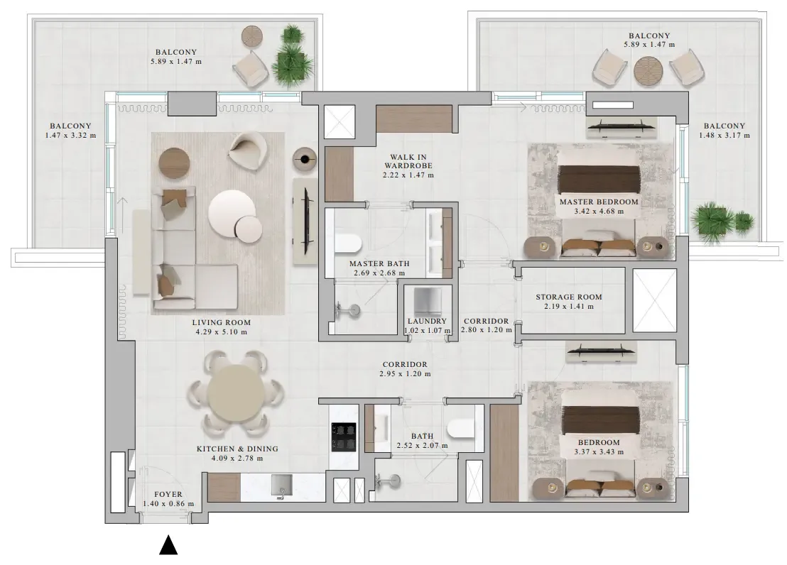 Rosehill 2 bed floor plan, 1,419 sqft