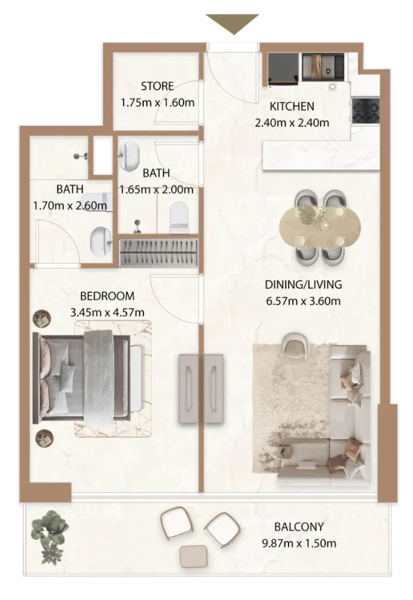 Veda by AUM Development 1 bed floor plan, 814 sqft