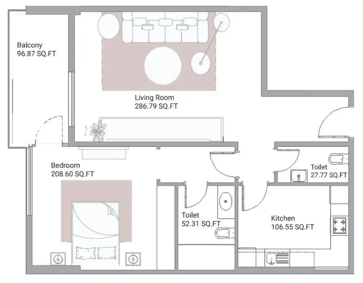 Ajman Creek Towers 1 bed floor plan, 1,235 sqft