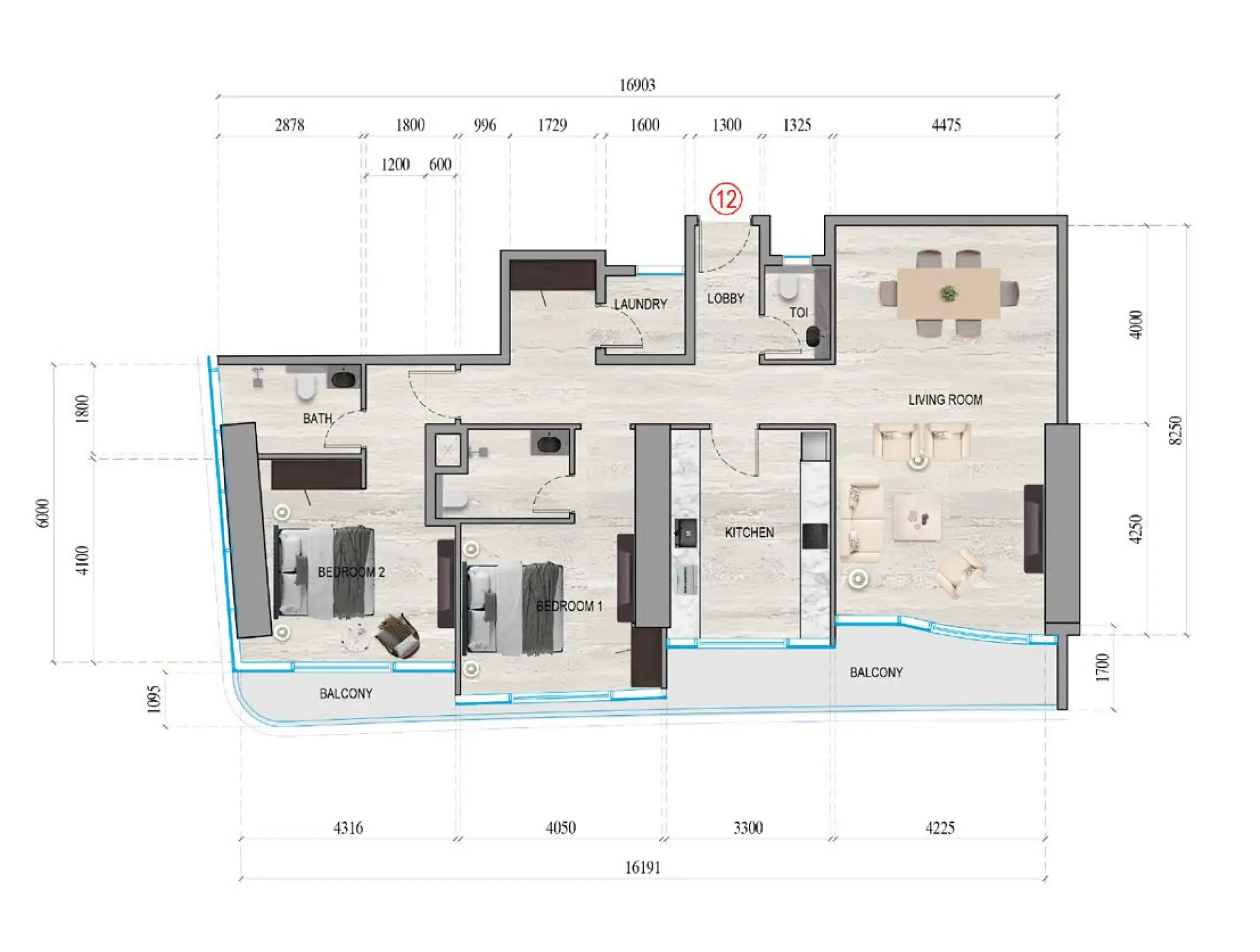 Al Ghaf Tower 2 bed floor plan, 1,609 sqft