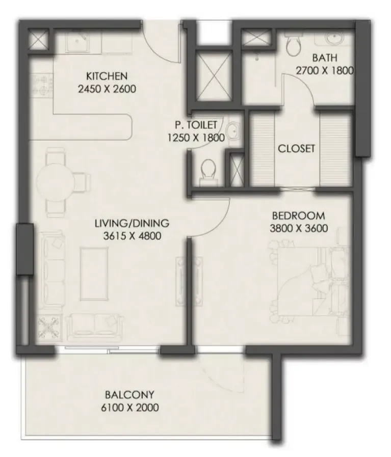 Park Residency 1 bed floor plan, 743 sqft