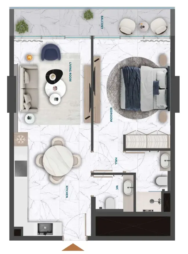 Wadi Hills 1 bed floor plan, 683 sqft