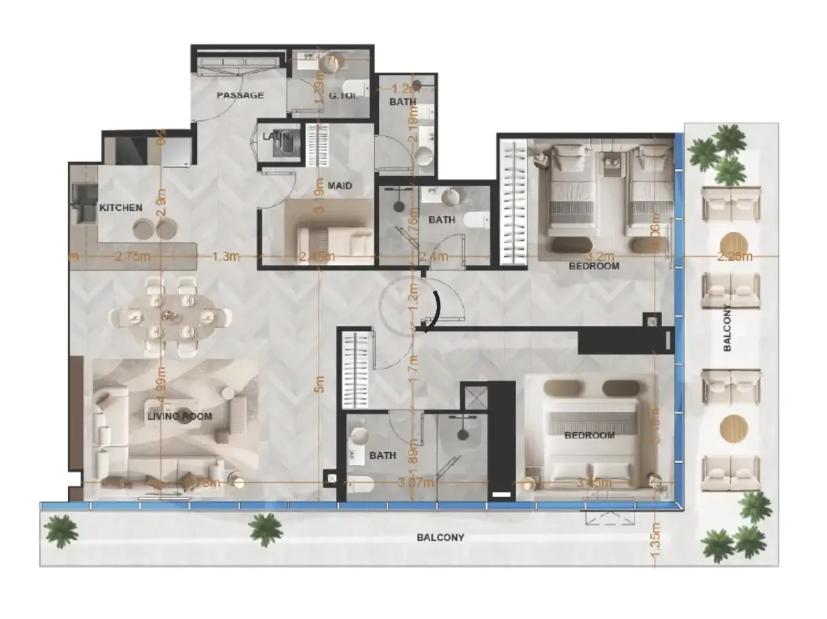 Radiant Terrace 2 bed floor plan, 1,624 sqft