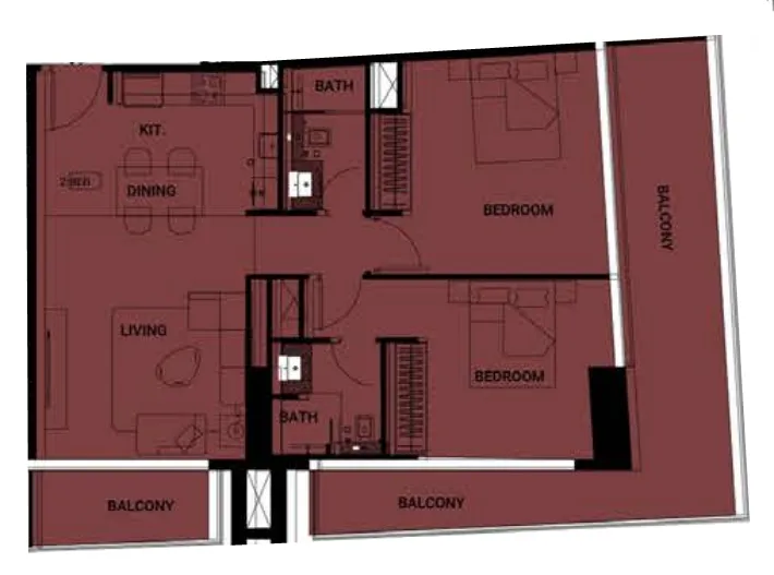 Binghatti Ruby 2 bed floor plan, 1,225 sqft