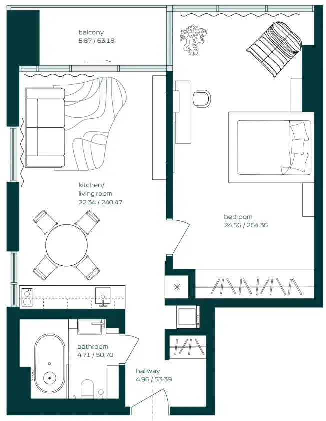 Vibe 1 bed floor plan, 741 sqft