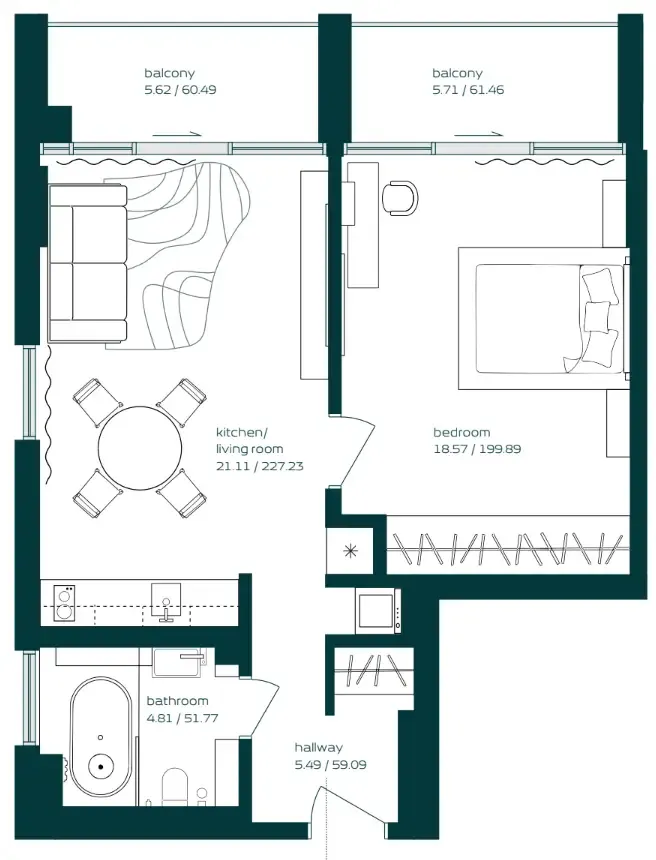Vibe 1 bed floor plan, 733 sqft
