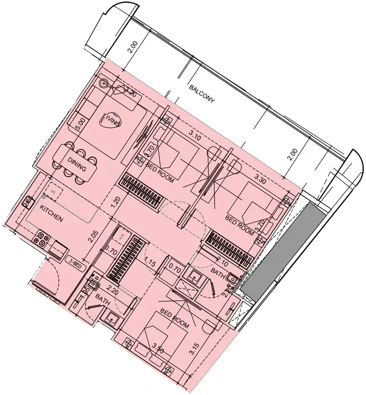 Vision Iconic 3 bed floor plan, 1,236 – 1,312 sqft
