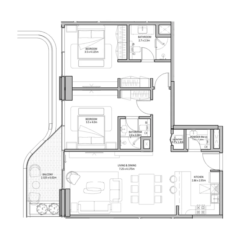 The Blue Beach Residence 2 bed floor plan, 1,321 sqft