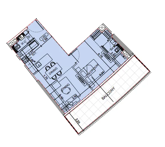 Binghatti Aquarise 1 bed floor plan, 824 sqft