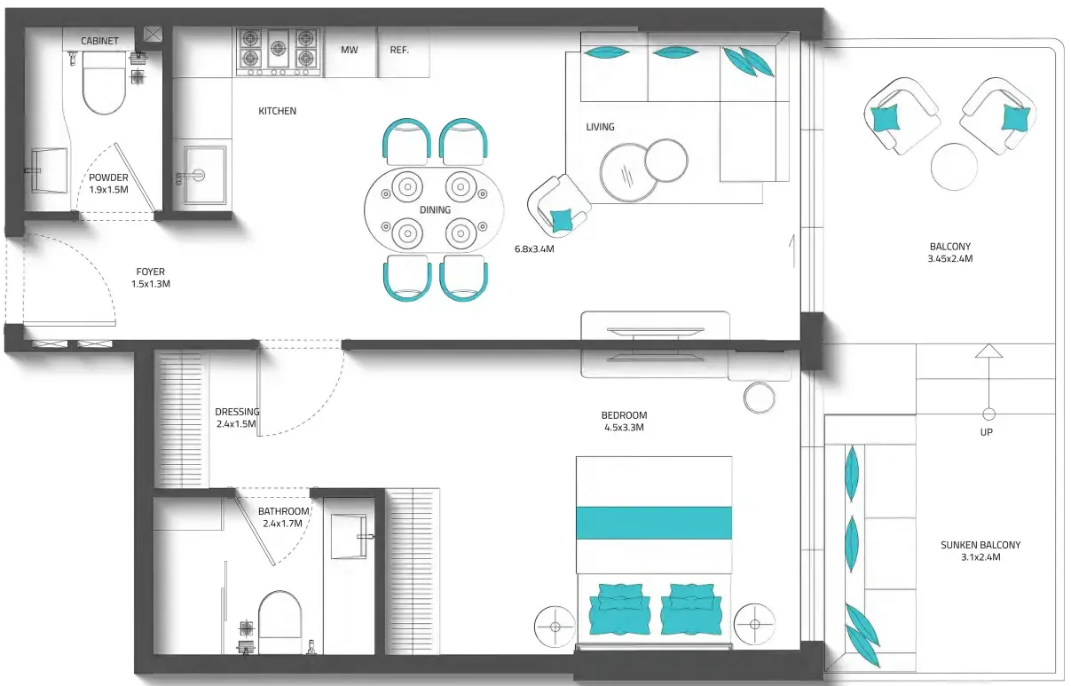 Reef 996 1 bed floor plan, 477 – 784 sqft