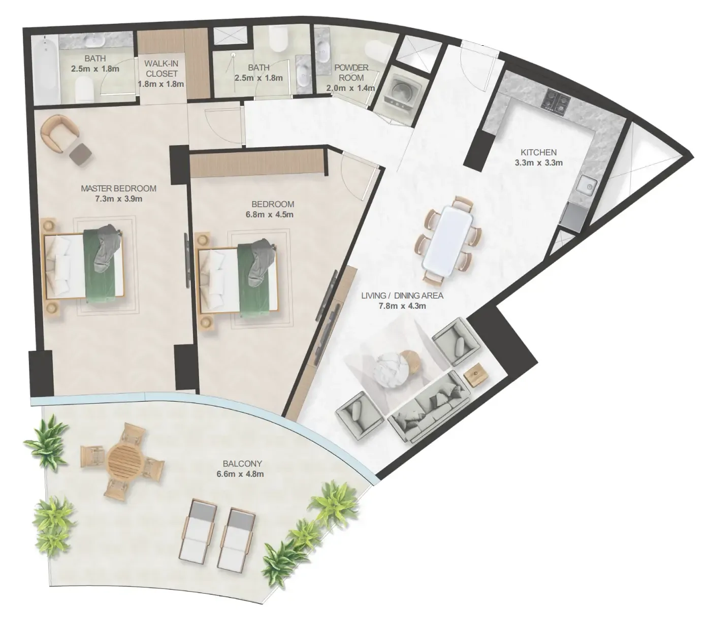 Oystra 2 bed floor plan, 1,733 sqft