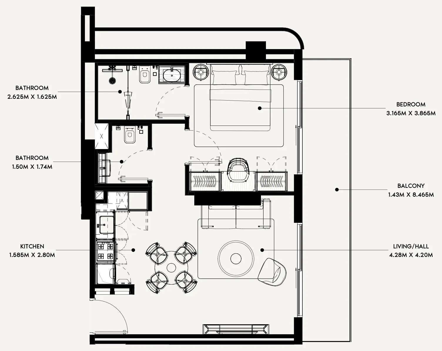 Azizi Rose 1 bed floor plan, 711 sqft