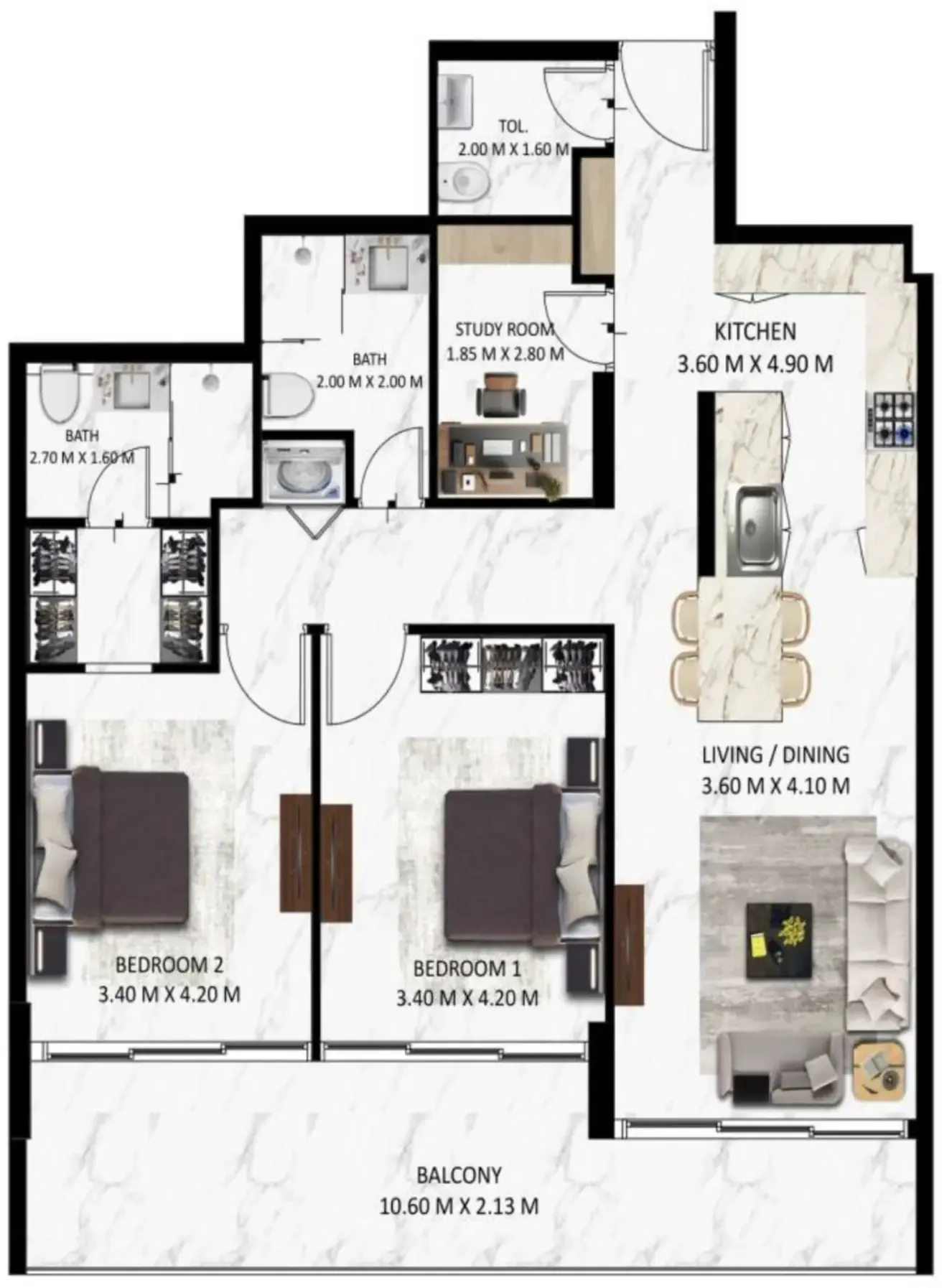 Bling Avenue 1 2 bed floor plan, 1,273 sqft
