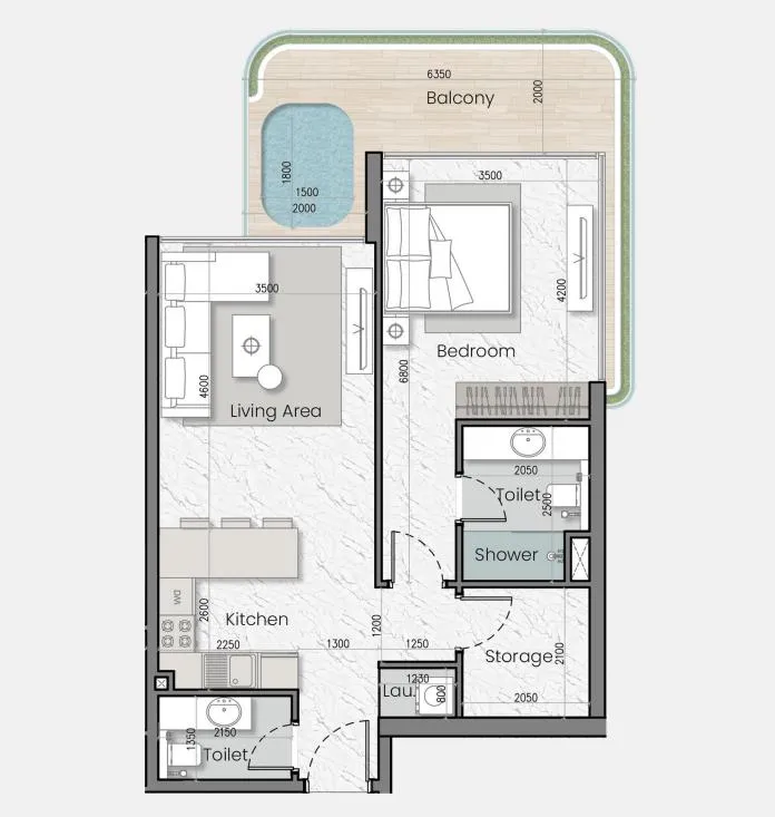 I'Sola Bella 1 bed floor plan, 886 sqft