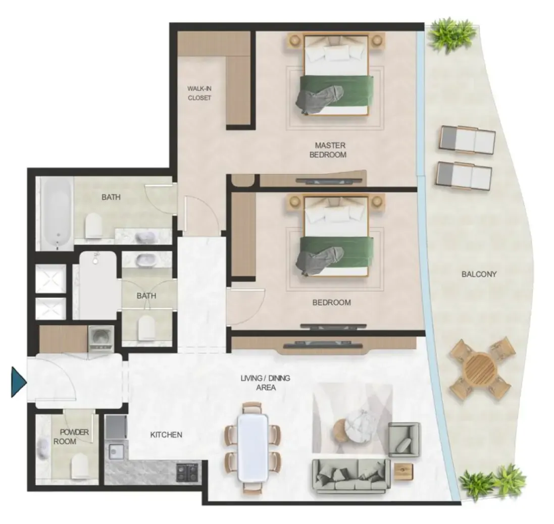 Oystra 2 bed floor plan, 1,301 sqft