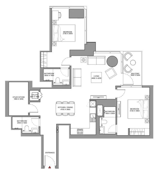 Skyscape 2 bed floor plan, 1,735 sqft