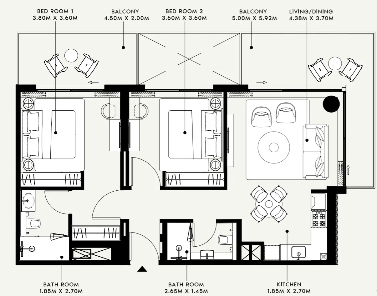 Azizi Venice 2 bed floor plan, 1,087 sqft