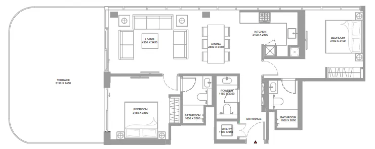 Canalside Marina Residences 2 bed floor plan, 1,358 – 1,359 sqft